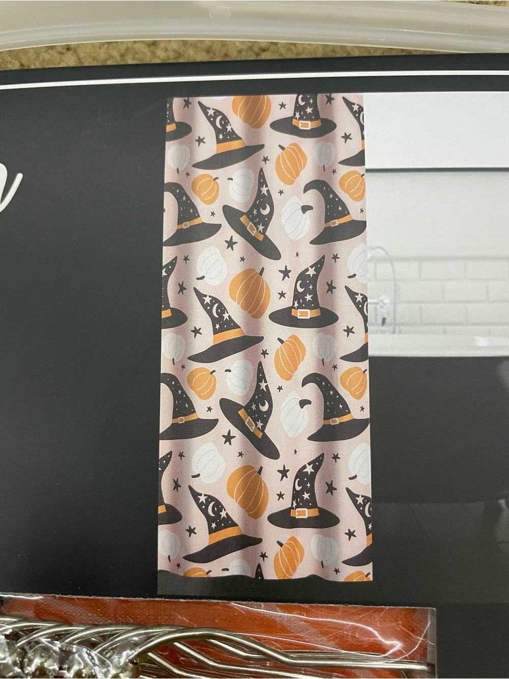 Halloween Collection Pumpkin Witch Shower Curtain - Peach, Black, Orange & White - Picture 2 of 5
